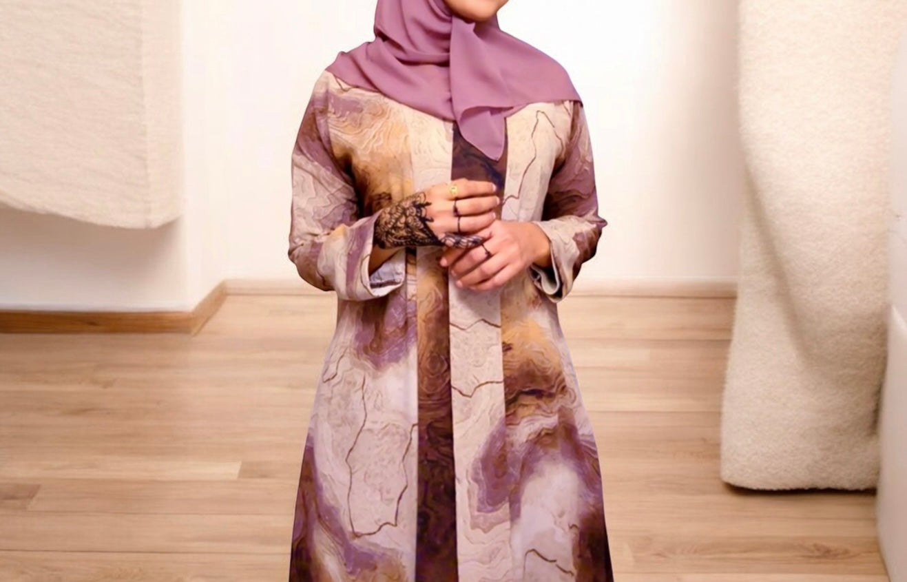 2026 Earthy elegance meets effortless flow—our Luna Abaya features a mesmerizing terrain-inspired print, paired with a matching scarf for a seamless look.