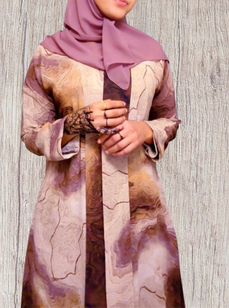 2026 Earthy elegance meets effortless flow—our Luna Abaya features a mesmerizing terrain-inspired print, paired with a matching scarf for a seamless look.