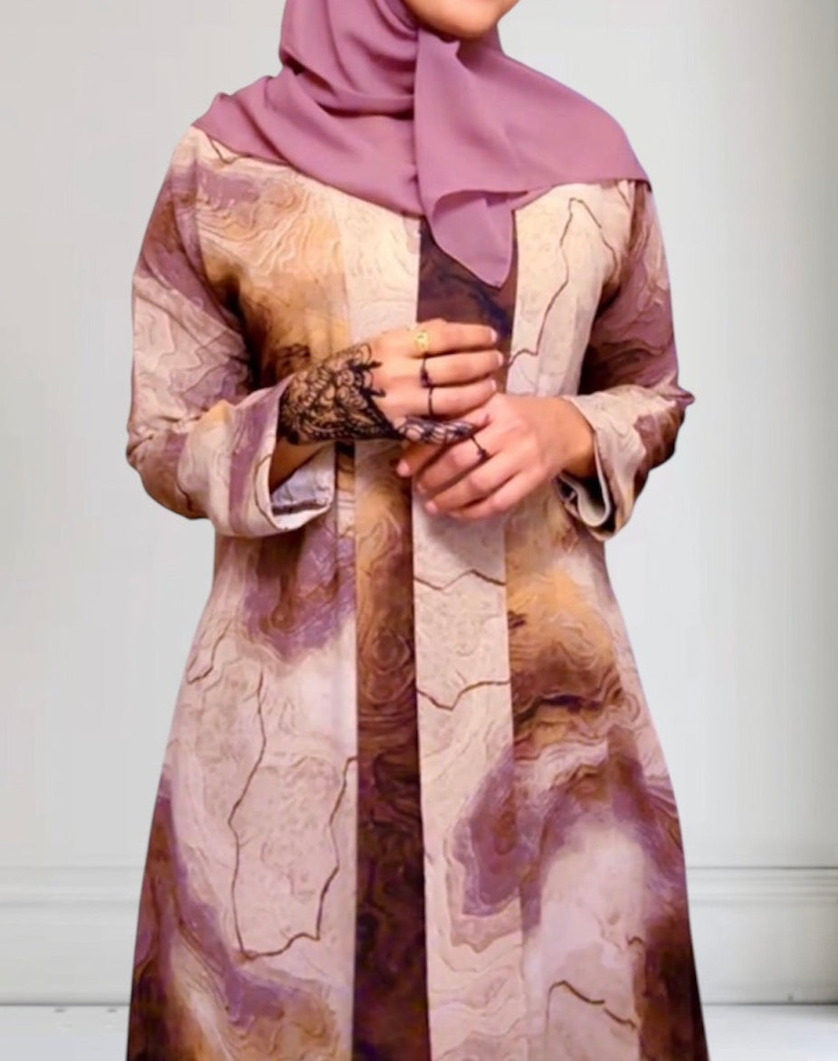 2026 Earthy elegance meets effortless flow—our Luna Abaya features a mesmerizing terrain-inspired print, paired with a matching scarf for a seamless look.