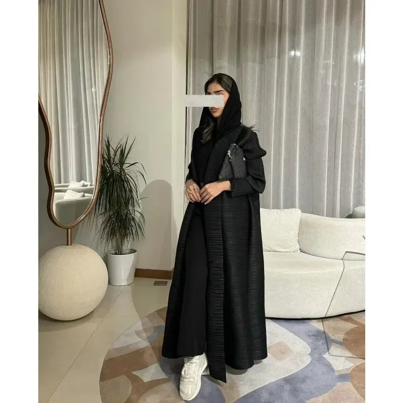 Muslim Abaya Black Simple Commuter Fashion Pleated Loose Long Trench Coat Jacket 2025Fall New