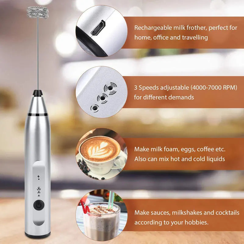 "Wireless Milk Frother & Handheld Blender, USB Mini Coffee Whisk Mixer"