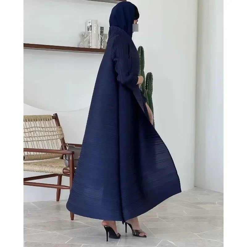 Muslim Abaya Black Simple Commuter Fashion Pleated Loose Long Trench Coat Jacket 2025Fall New