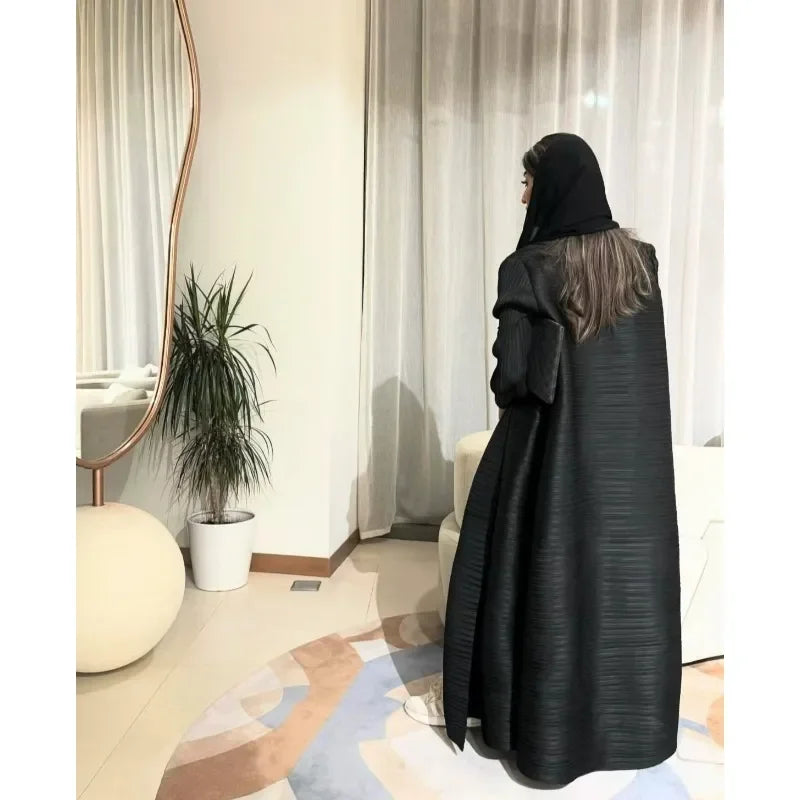 Muslim Abaya Black Simple Commuter Fashion Pleated Loose Long Trench Coat Jacket 2025Fall New