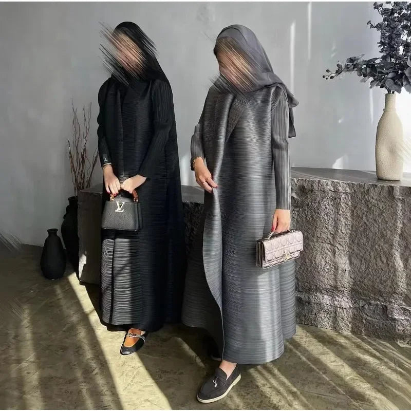 Muslim Abaya Black Simple Commuter Fashion Pleated Loose Long Trench Coat Jacket 2025Fall New