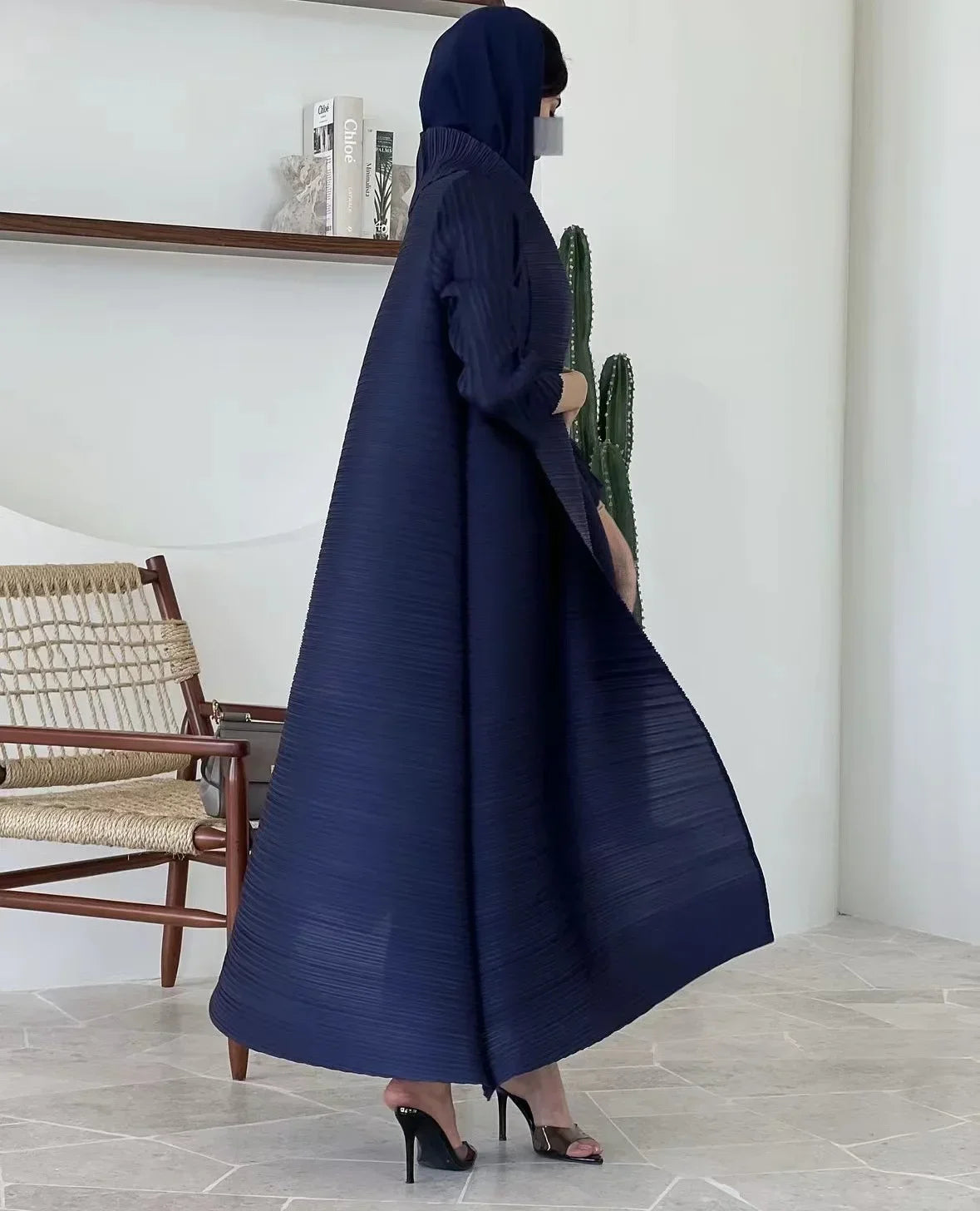 Muslim Abaya Black Simple Commuter Fashion Pleated Loose Long Trench Coat Jacket 2025Fall New