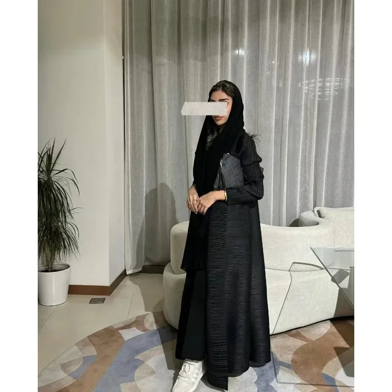 Muslim Abaya Black Simple Commuter Fashion Pleated Loose Long Trench Coat Jacket 2025Fall New