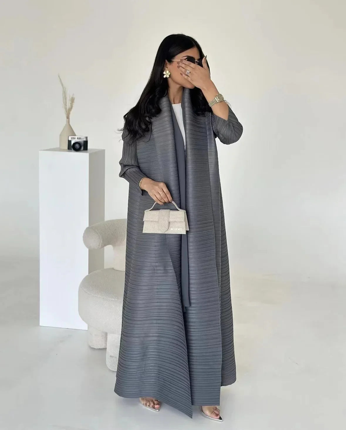 Muslim Abaya Black Simple Commuter Fashion Pleated Loose Long Trench Coat Jacket 2025Fall New