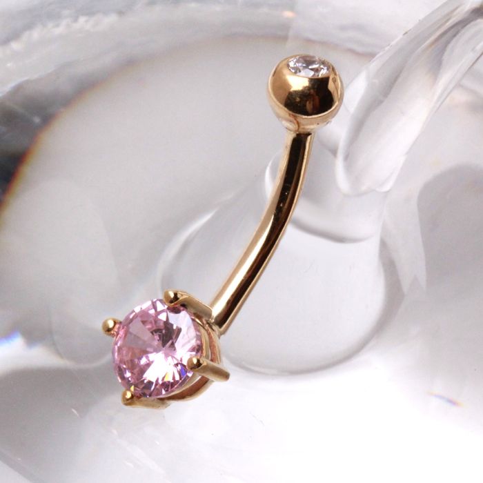 14Kt Gold Navel Ring With Prong Set Round CZ